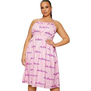 NEW Hello Kitty pink‎ striped tie backplus size slit front midi dress 4X